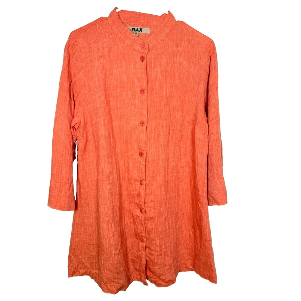 FLAX 100% Linen Tunic Top Womens S Coral Button Front Lagenlook Made Lithuania